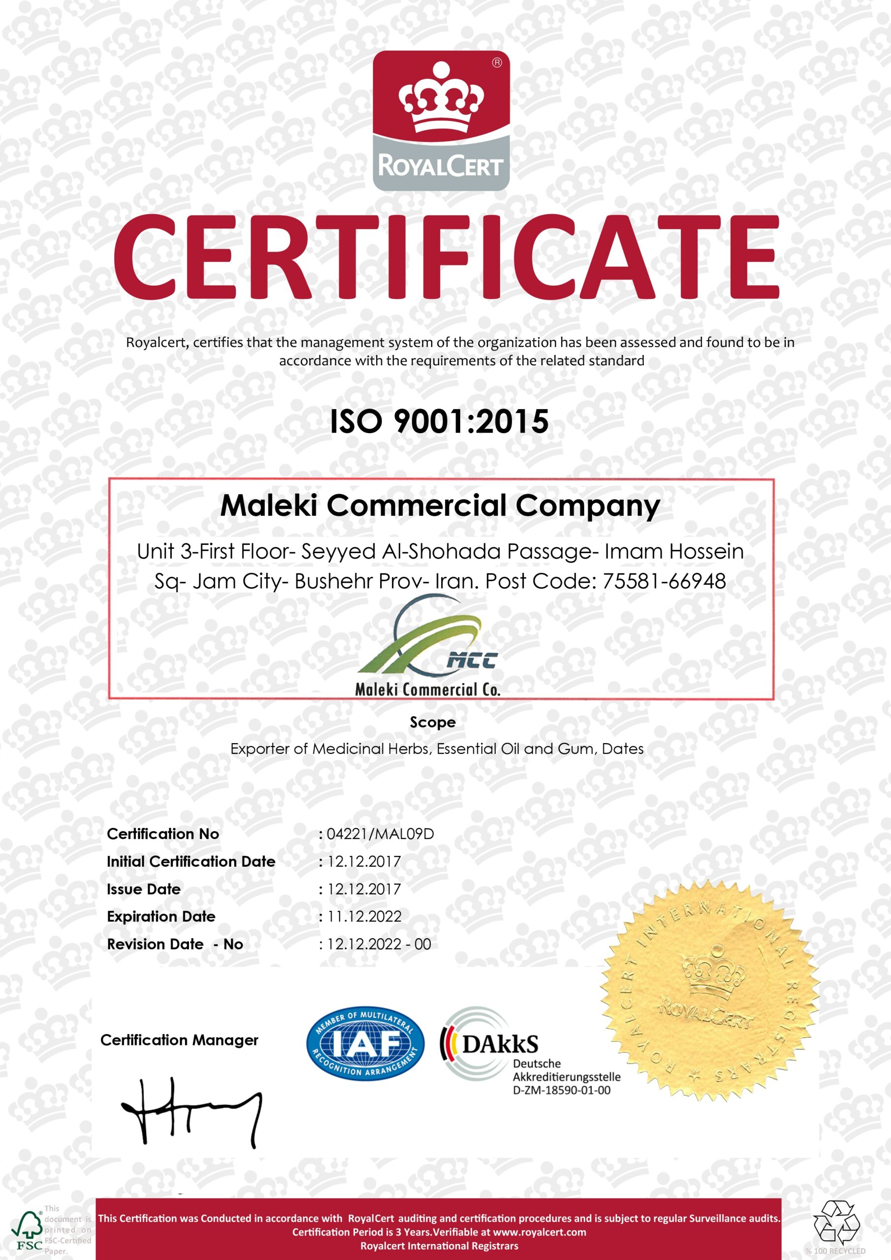 ISO 9001 Certificate Export of Herb essential oil - Maleki Commercial Co.