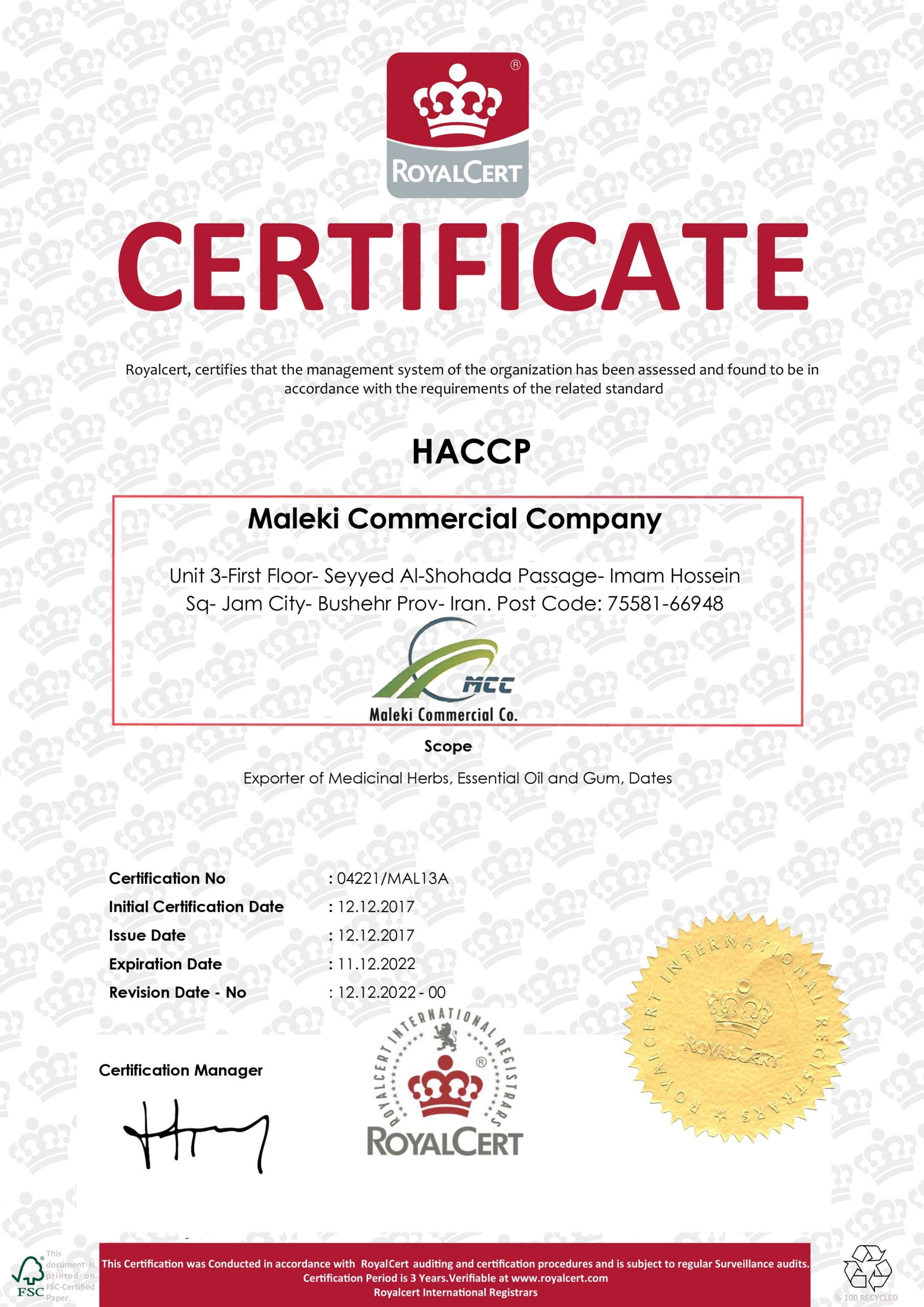 HACCP Certificate Export of Herb essential oil - Maleki Commercial Co.